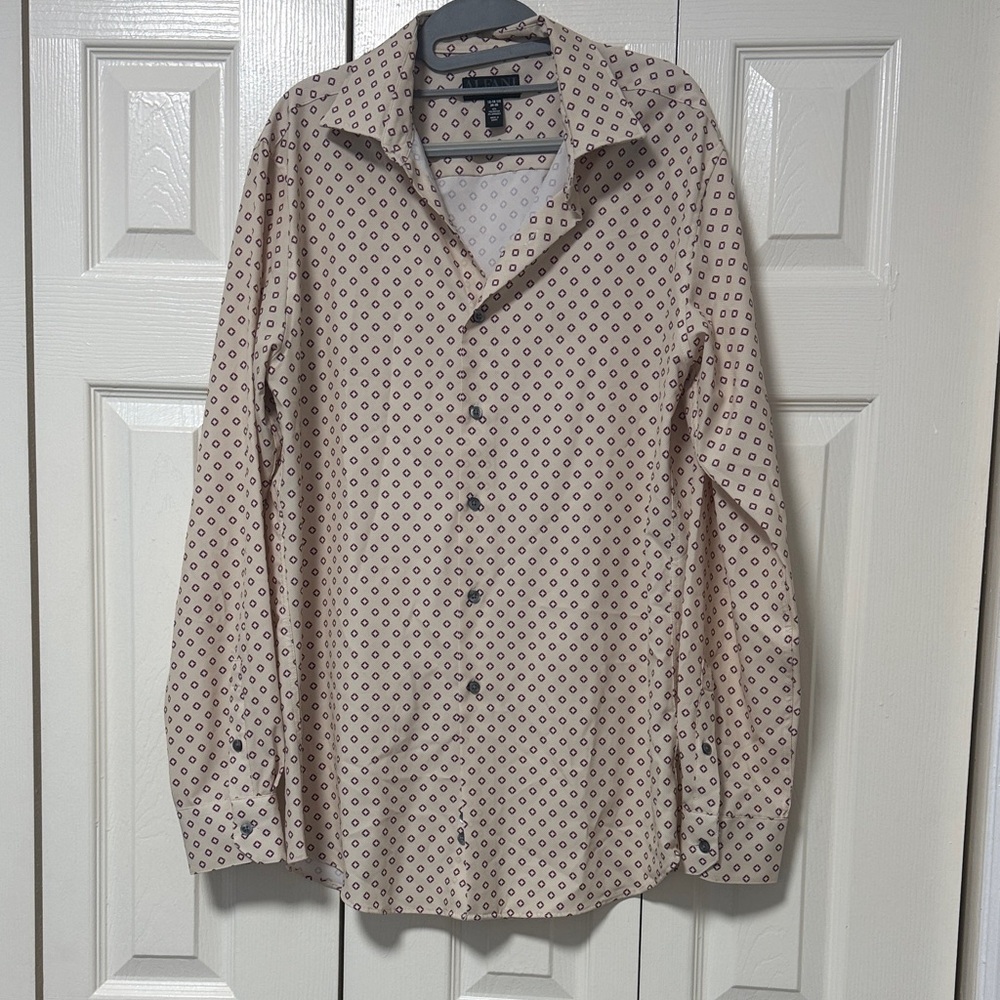 Alfani Beige Button-Down Shirt With Red Microdot Print A 27